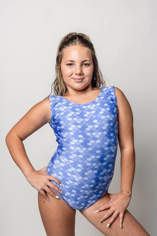Blue Mermaid Scale Gymnastics Leotard for Girls - Image 2