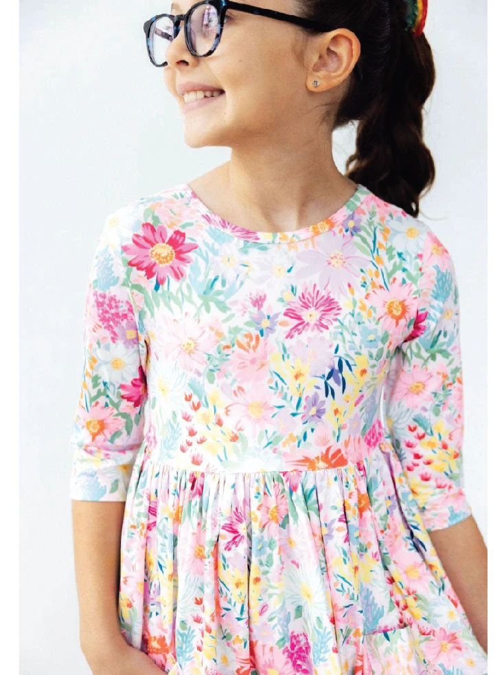 Field of Flowers 3/4 Sleeve Pocket Twirl Dress
