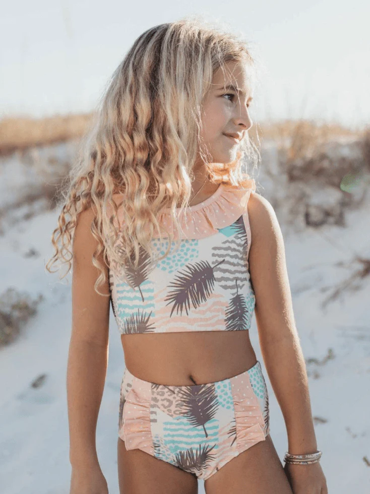 Girls Blush Palm & Leopard Print 2-Piece Swimsuit - Ruffle Detail - Size 7