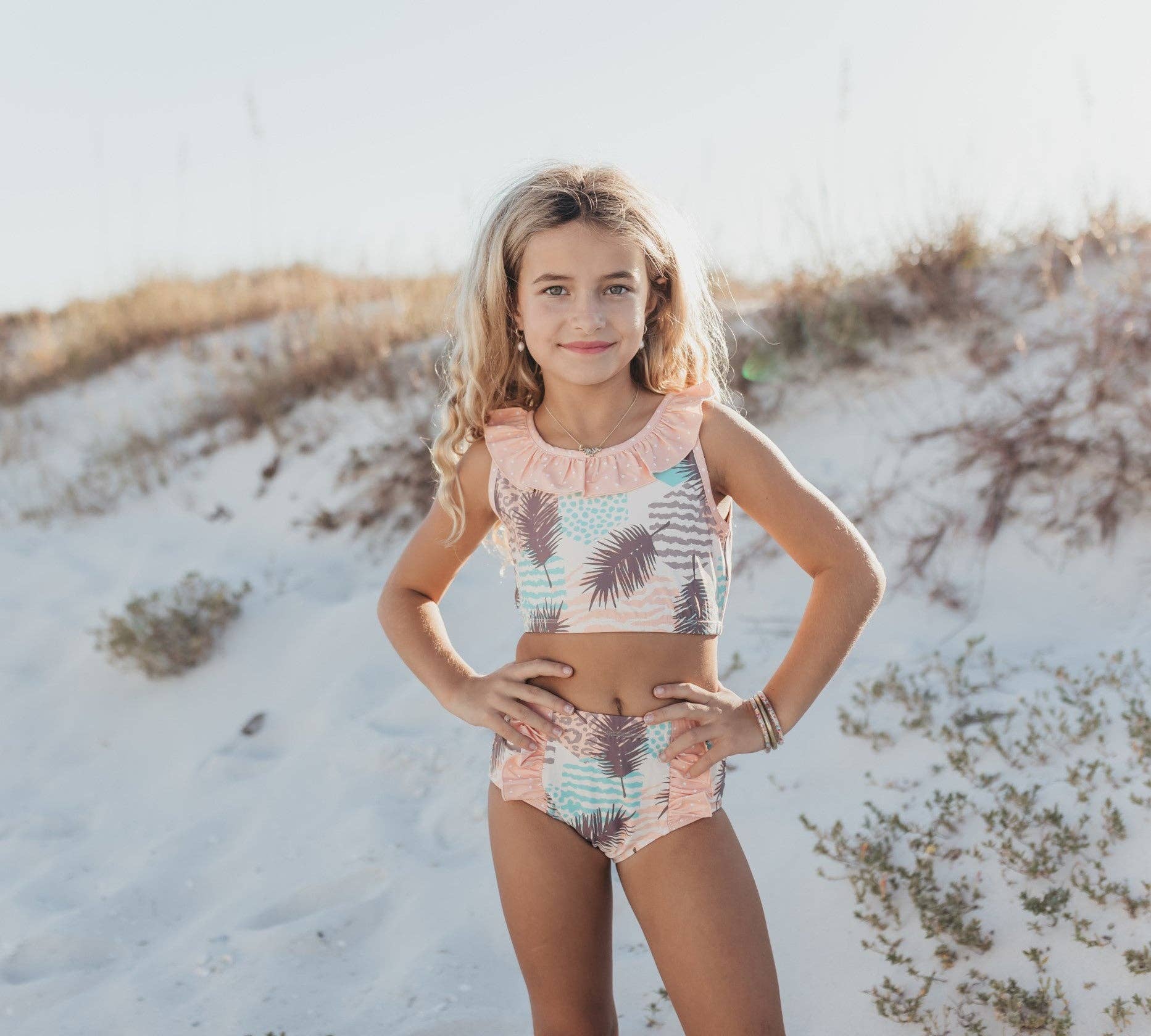 Girls Blush Palm & Leopard Print 2-Piece Swimsuit - Ruffle Detail - Size 7 - Image 2