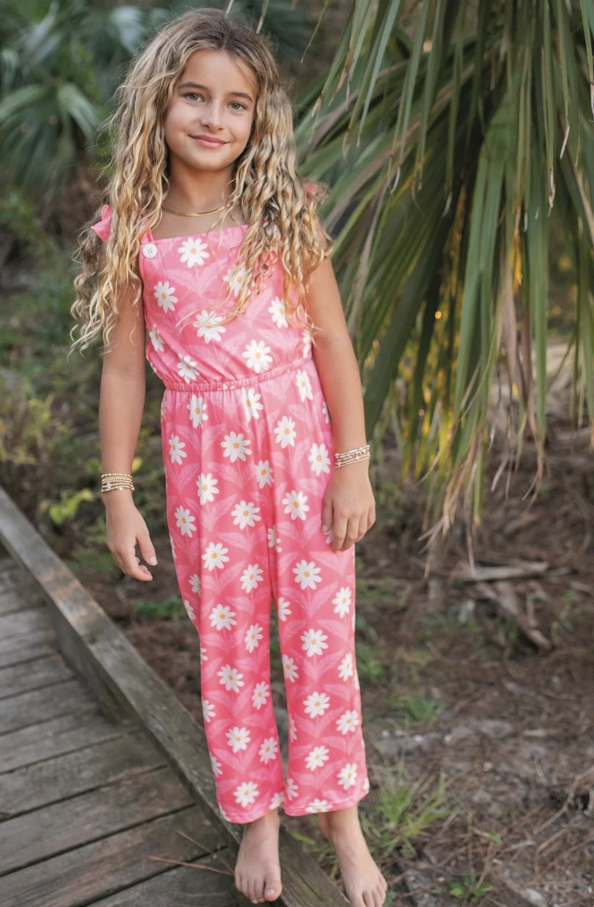 Girls Pink Amelia Daisy Flower Spring Summer Jumpsuit