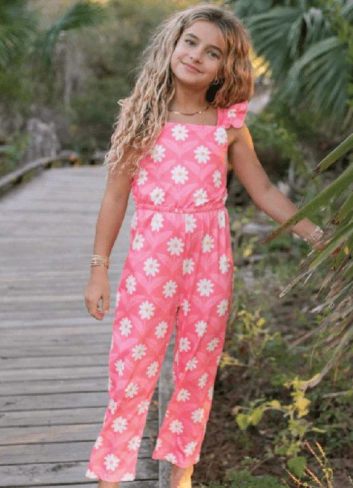 Girls Pink Amelia Daisy Flower Spring Summer Jumpsuit - Image 2