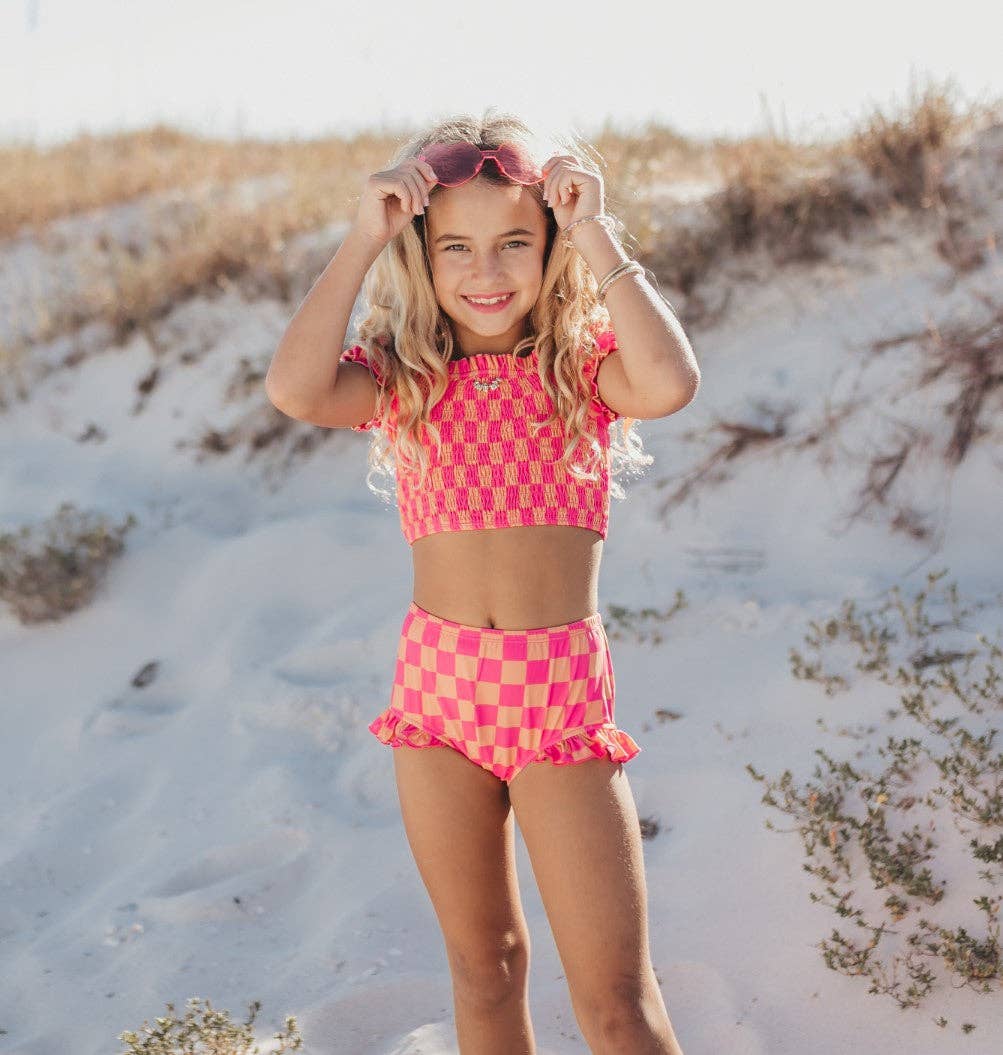 Girls' Hot Pink Tangerine Checkered Swimsuit - Size 5 - Foxy's Leotards - Image 5