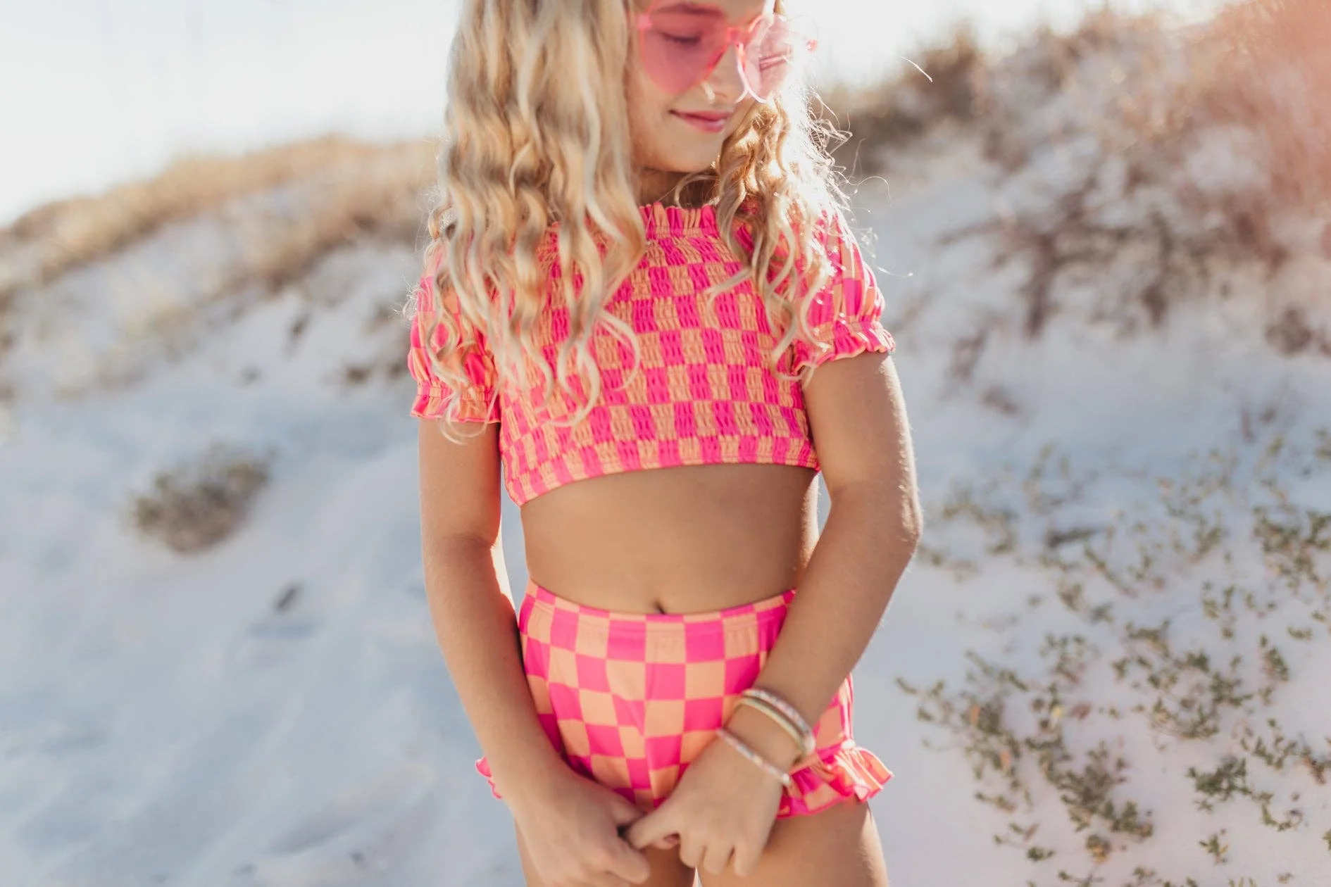 Girls' Hot Pink Tangerine Checkered Swimsuit - Size 5 - Foxy's Leotards - Image 6