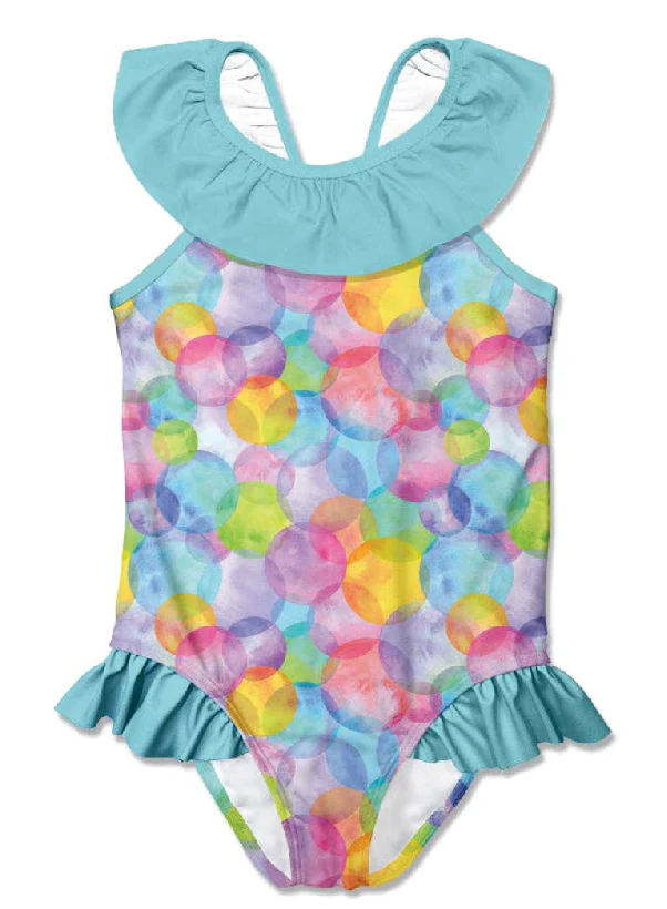 Girls Turquoise Bubbles Bow One-Piece Swimsuit - Size 6 | Foxy's Leotards
