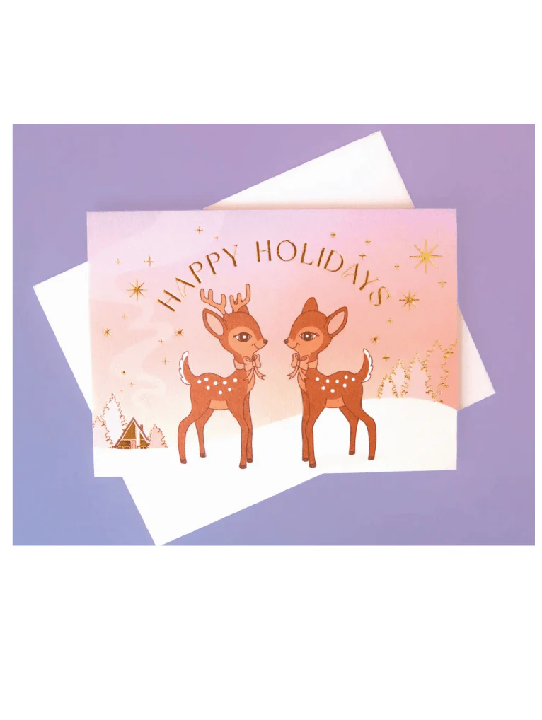 Happy Holidays Retro Deer Greeting Card | Gold Foil
