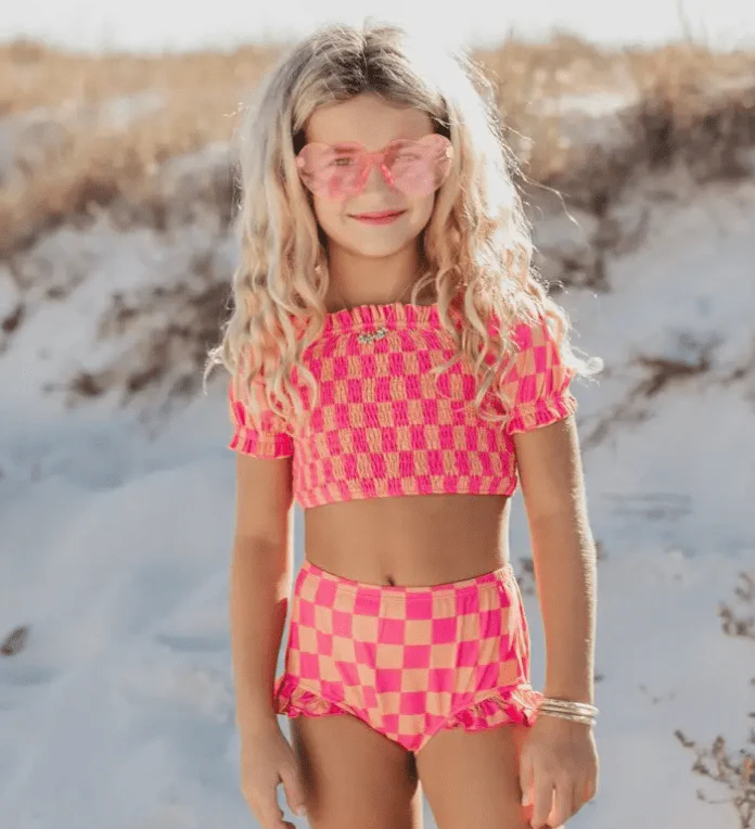 Girls Checker Ruched 2 Piece Swimsuit (Comes in 2 Color Options) - Image 2