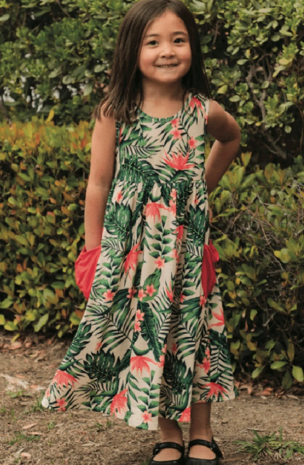 Tropical Printed Midi Pocket Little Girls Dress