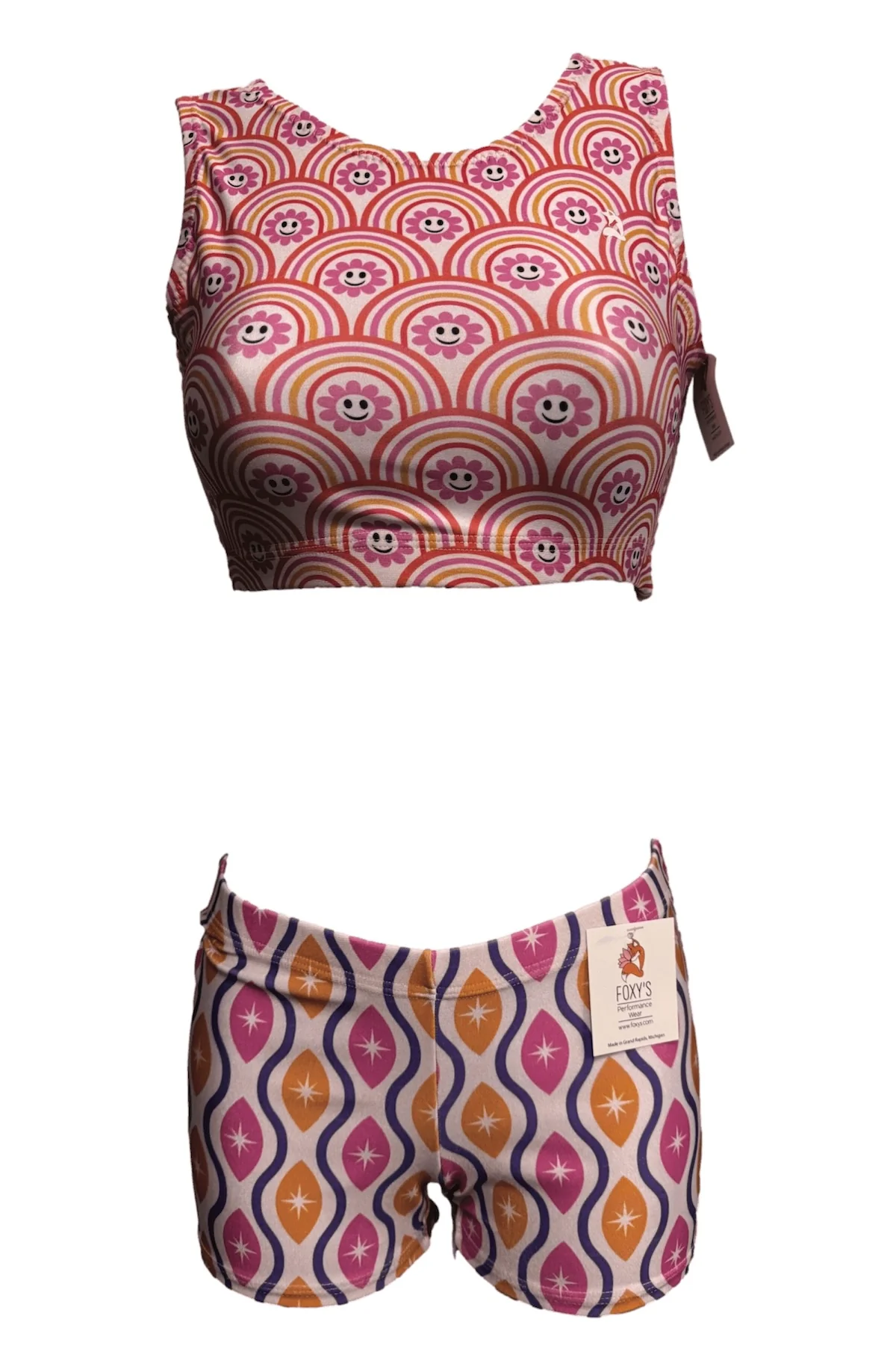 Rainbow Waves Gymnastics Outfit: 2-Piece Leotard & Shorts Set - Made in USA