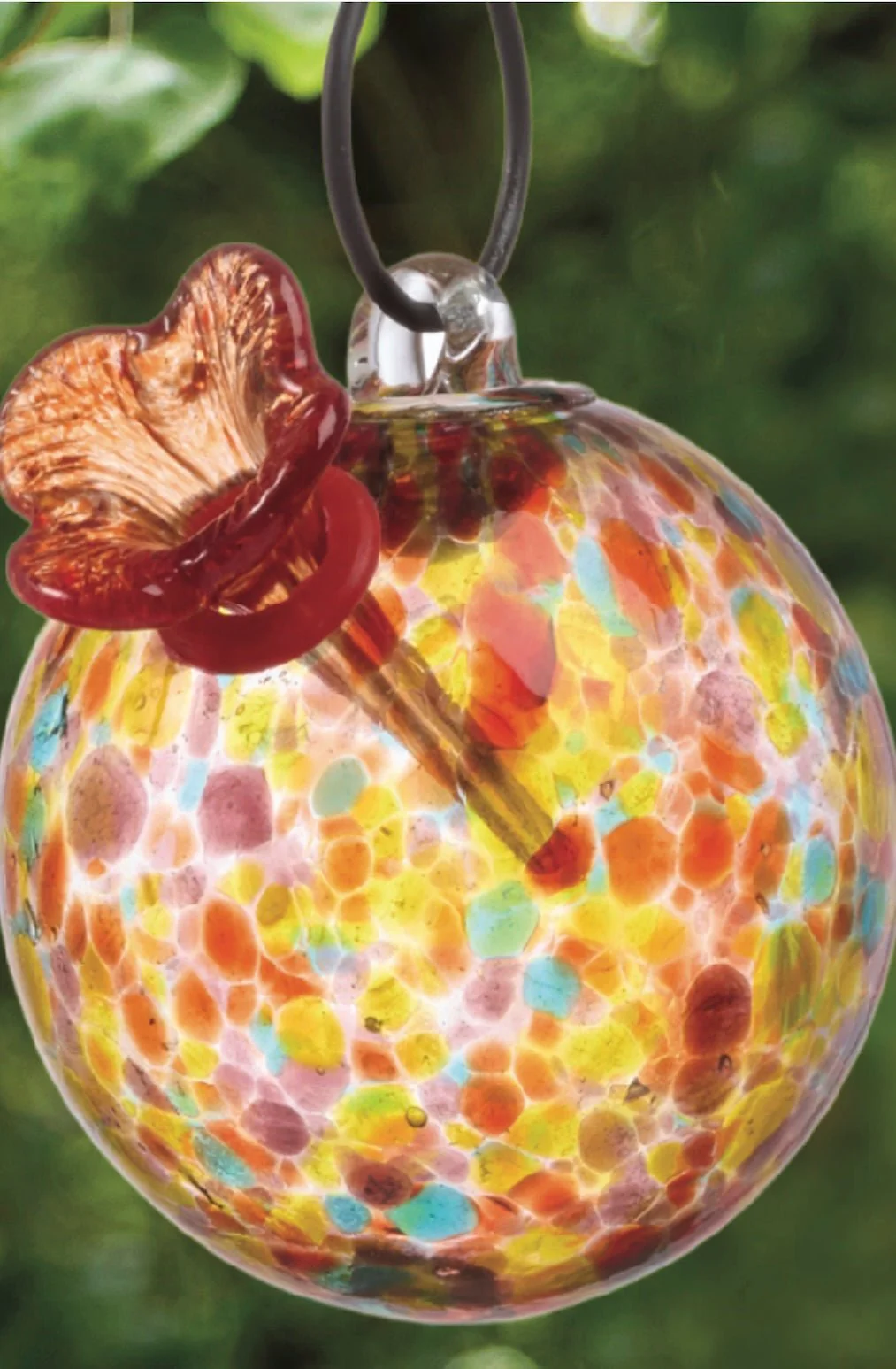 Round Multicolor Art Glass Hummingbird Feeder