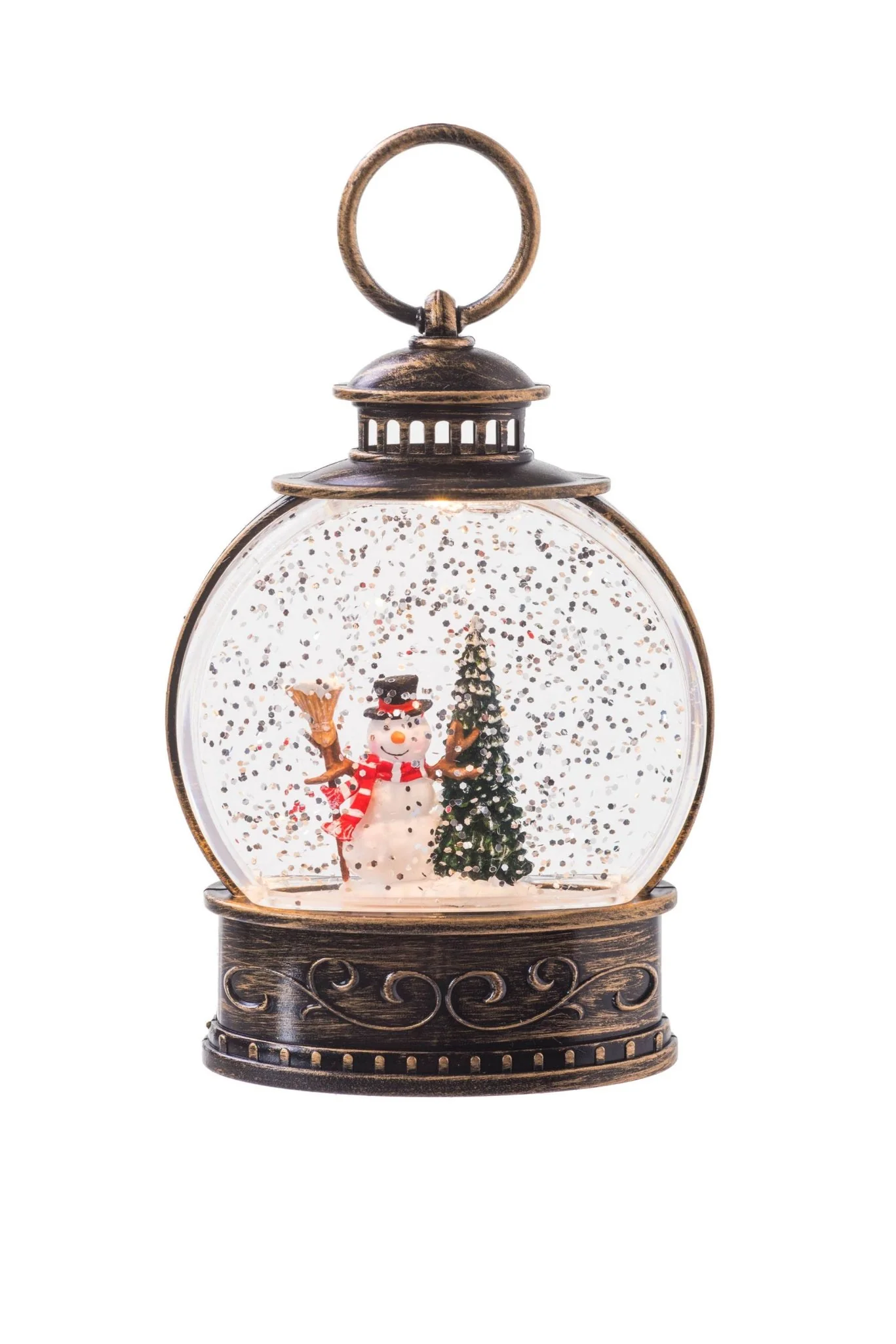 Rustic Brown Light-Up Square Lantern LED Mini Snow Globe wit