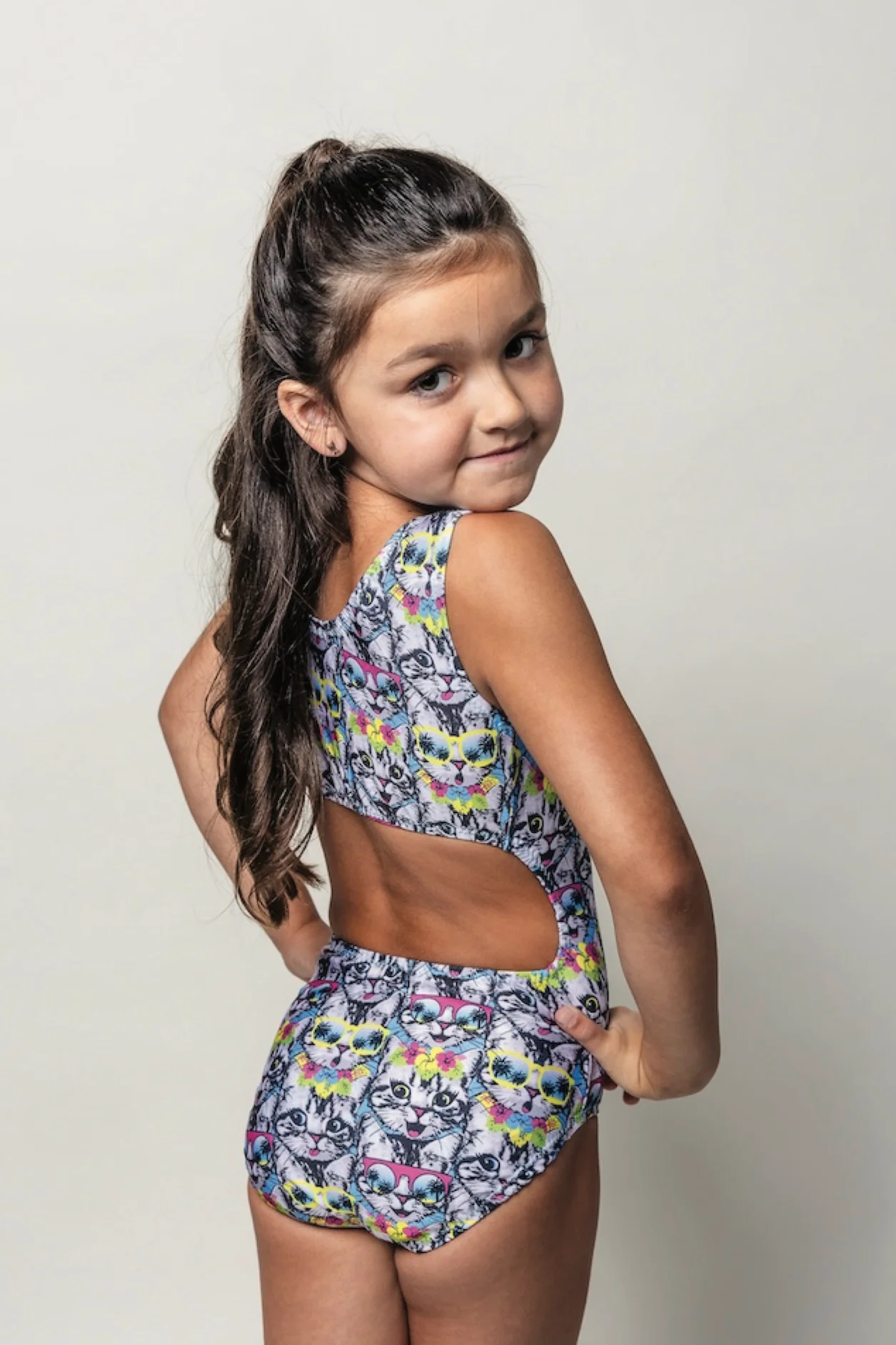 Tropical Cool Cats Gymnastics Leotard - Fun Summer Kitty Print - Image 2