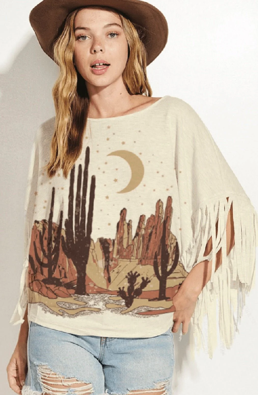 Western Print Dolman Fringe Top for Women